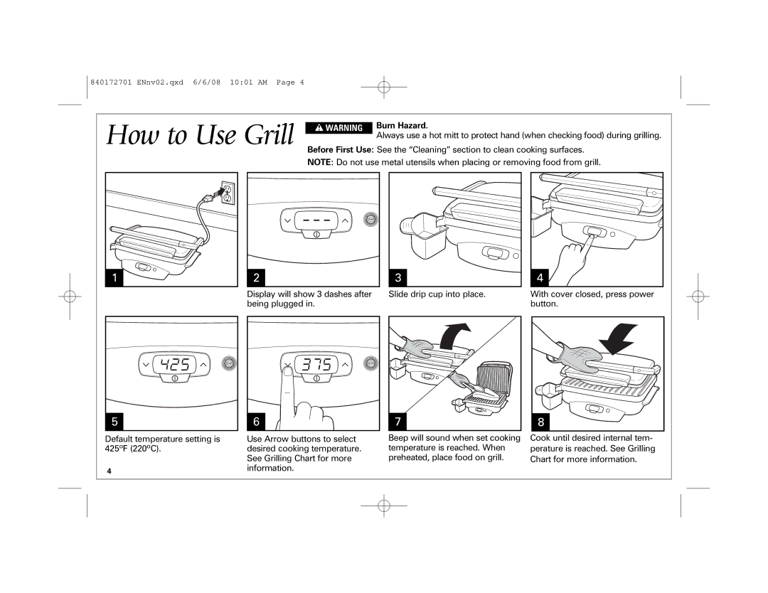 Hamilton Beach 840172701 manual How to Use Grill 