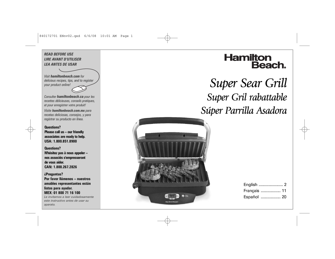 Hamilton Beach 840172701 manual Super Sear Grill, Super Gril rabattable Súper Parrilla Asadora, Lea Antes De Usar, English 