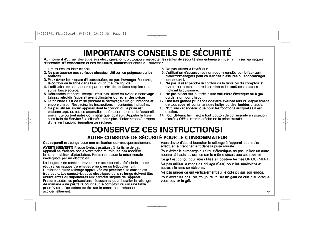 Hamilton Beach 840172701 manual Importants Conseils De Sécurité, Conservez Ces Instructions 