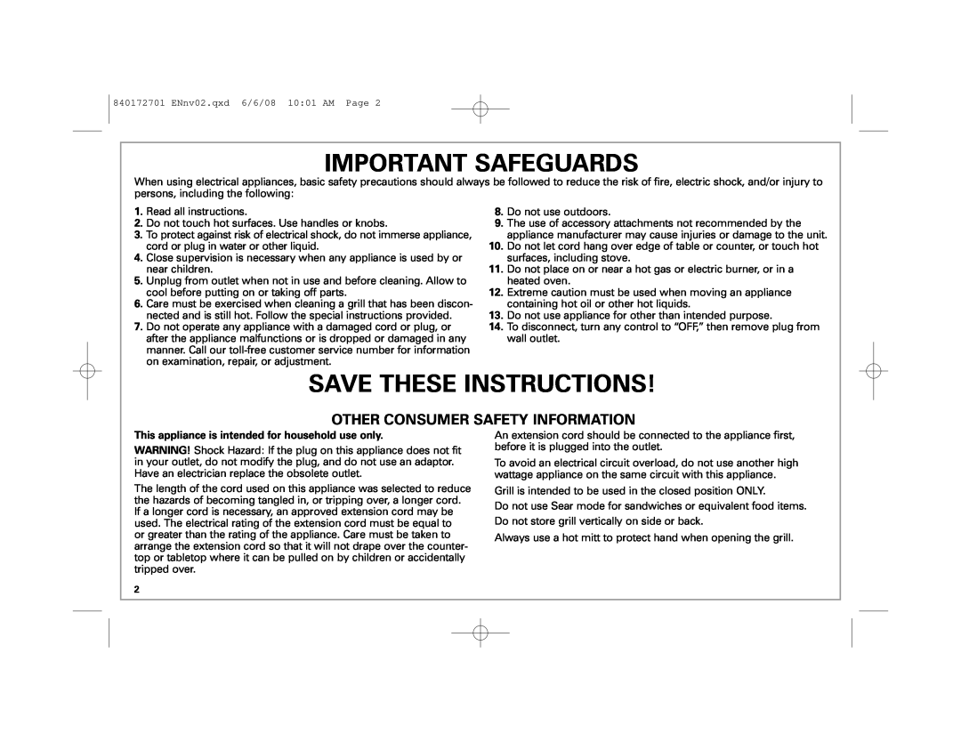 Hamilton Beach 840172701 manual Important Safeguards, Save These Instructions, Other Consumer Safety Information 