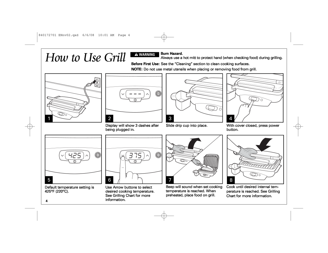 Hamilton Beach 840172701 manual How to Use Grill, w WARNING 