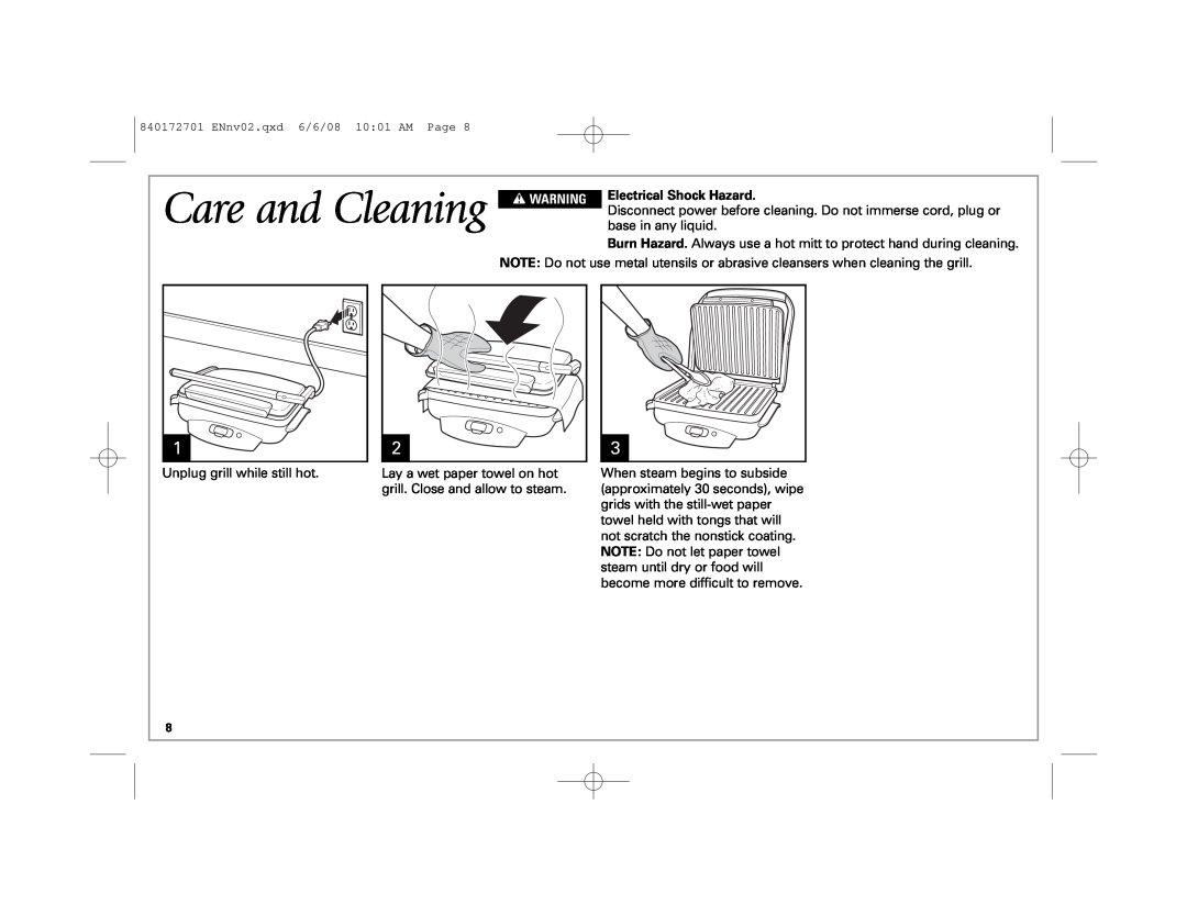 Hamilton Beach 840172701 manual Care and Cleaning, base in any liquid, w WARNING, Electrical Shock Hazard 