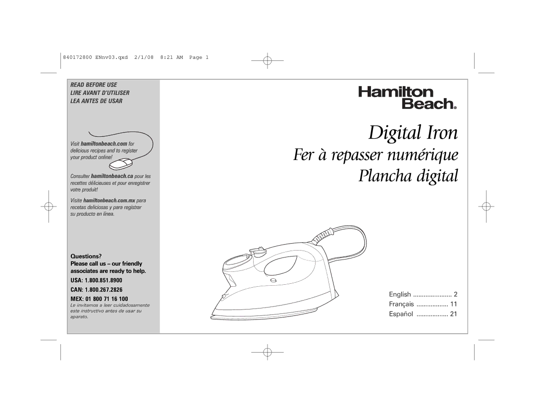 Hamilton Beach 840172800 manual Digital Iron, Read Before USE Lire Avant D’UTILISER LEA Antes DE Usar 