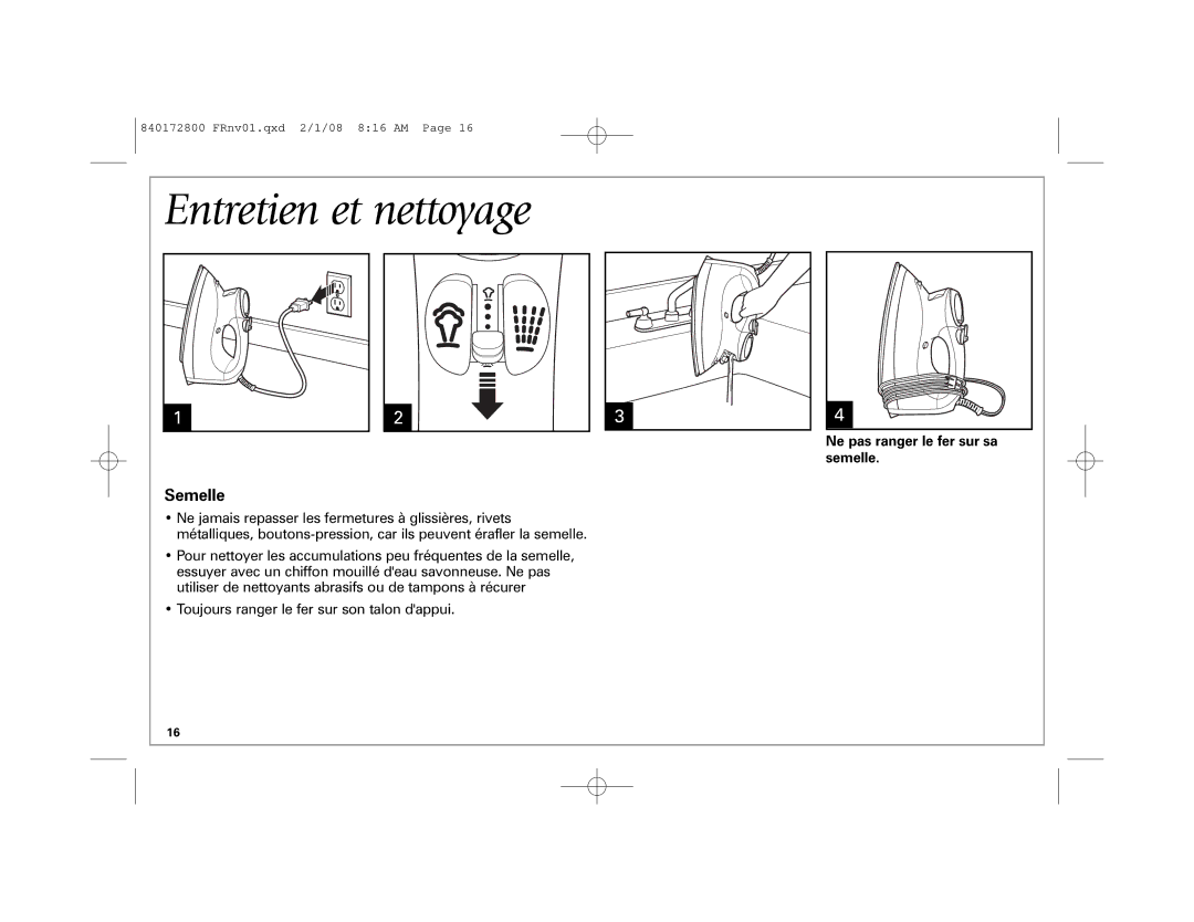 Hamilton Beach 840172800 manual Entretien et nettoyage, Semelle 
