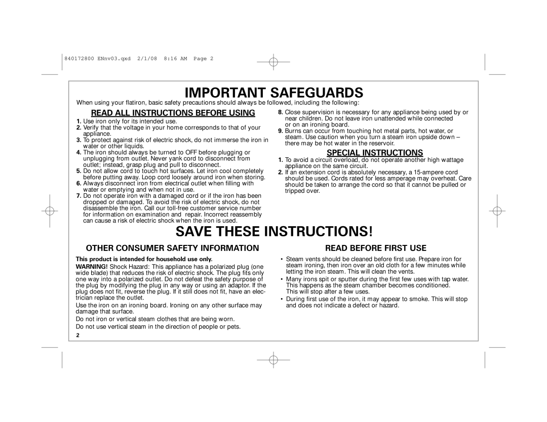 Hamilton Beach 840172800 manual Important Safeguards 