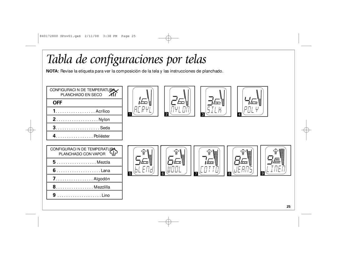 Hamilton Beach 840172800 manual Tabla de configuraciones por telas 