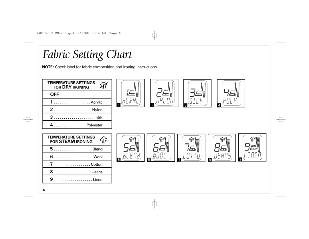 Hamilton Beach 840172800 manual Fabric Setting Chart, Temperature Settings For DRY Ironing 