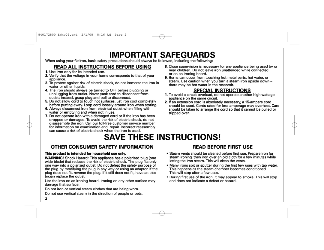 Hamilton Beach 840172800 manual Important Safeguards, Save These Instructions, Read All Instructions Before Using 