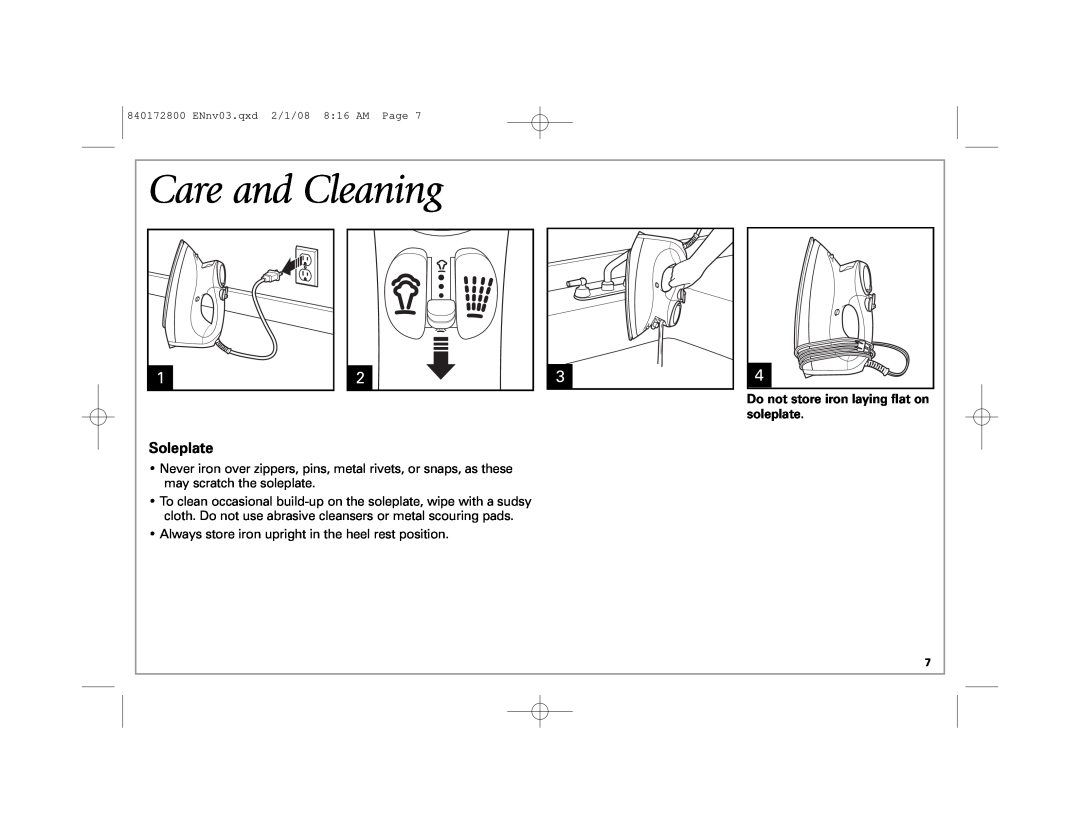 Hamilton Beach 840172800 manual Care and Cleaning, Soleplate, ENnv03.qxd 2/1/08 816 AM Page 