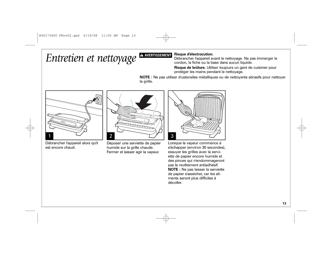 Hamilton Beach 840174600 manual Entretien et nettoyage, Risque délectrocution 