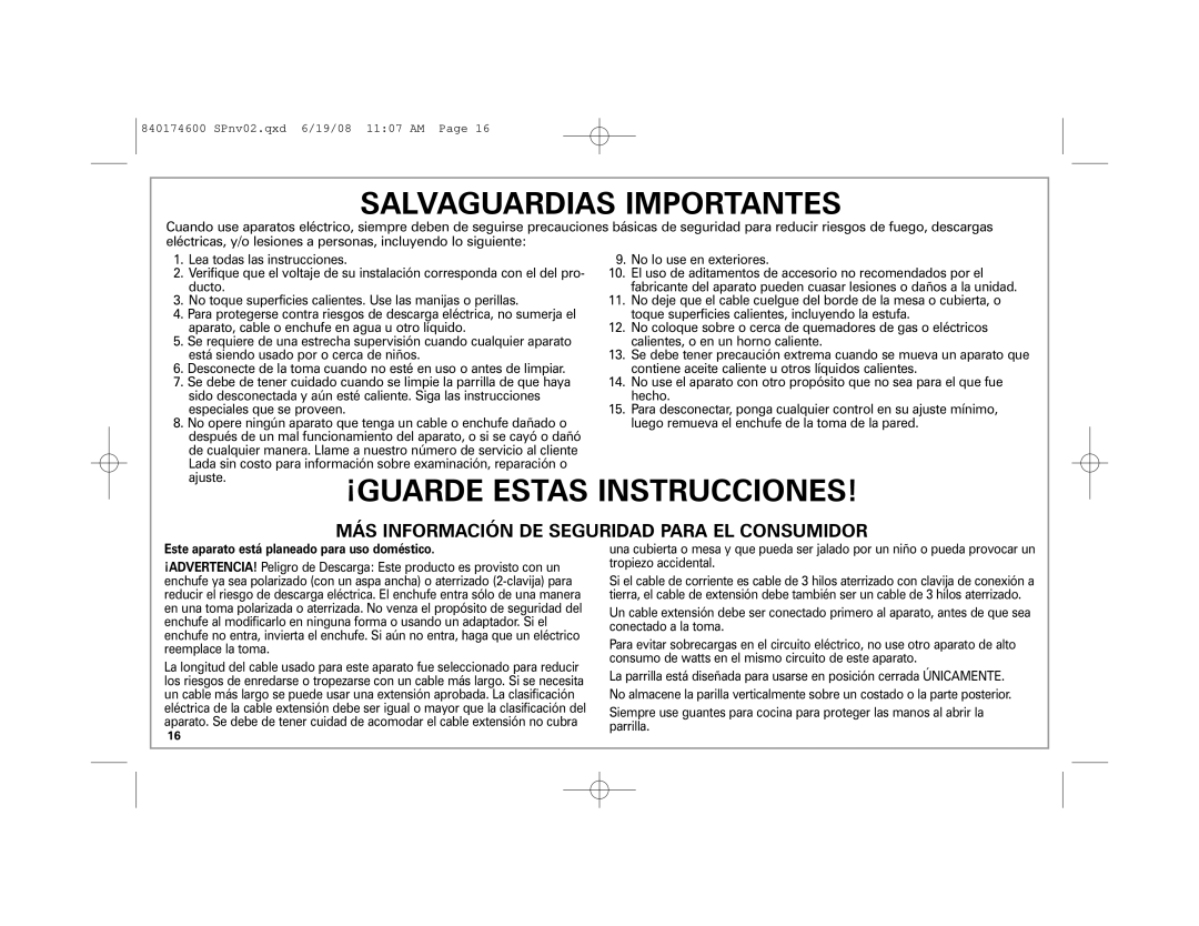 Hamilton Beach 840174600 manual Salvaguardias Importantes 