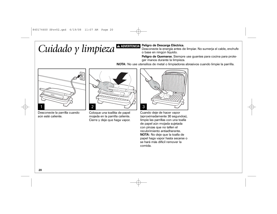 Hamilton Beach 840174600 manual Cuidado y limpieza, Peligro de Descarga Eléctrica 