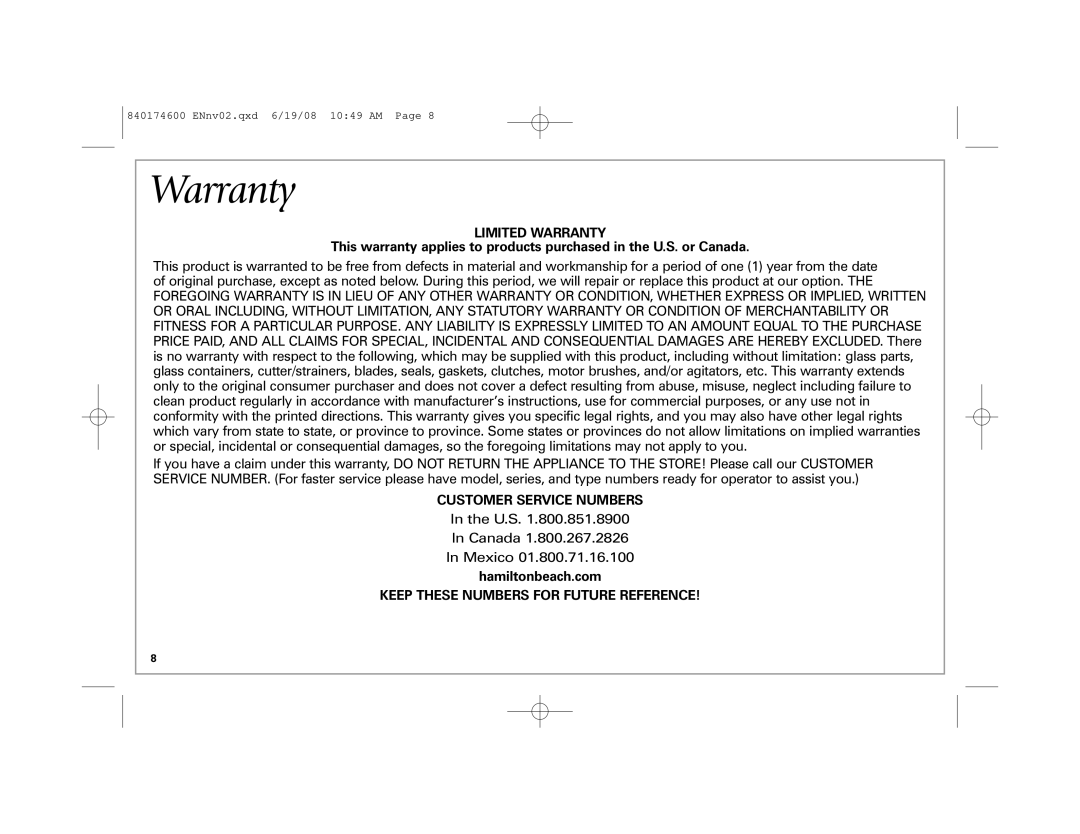 Hamilton Beach 840174600 manual Limited Warranty, Customer Service Numbers, Keep These Numbers for Future Reference 