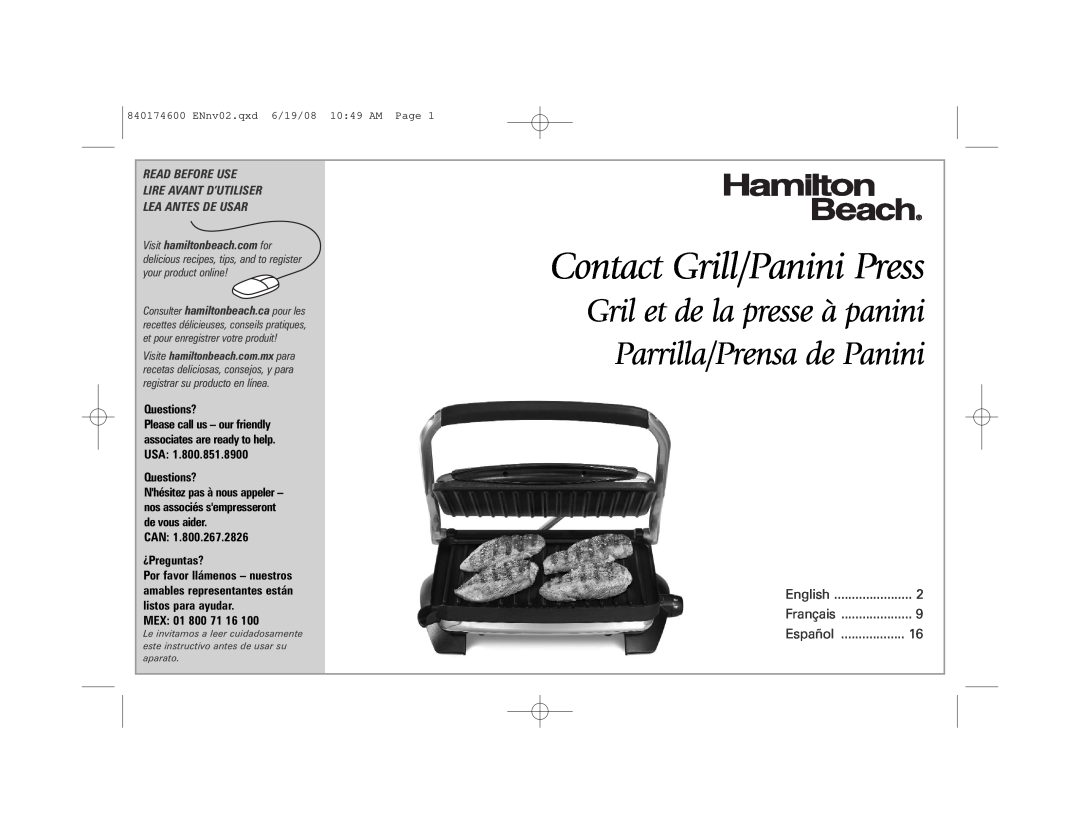 Hamilton Beach 840174600 manual Contact Grill/Panini Press, Read Before Use Lire Avant D’Utiliser, Lea Antes De Usar 