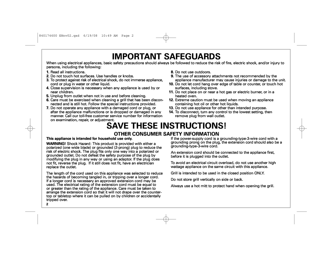 Hamilton Beach 840174600 manual Important Safeguards, Save These Instructions, Other Consumer Safety Information 