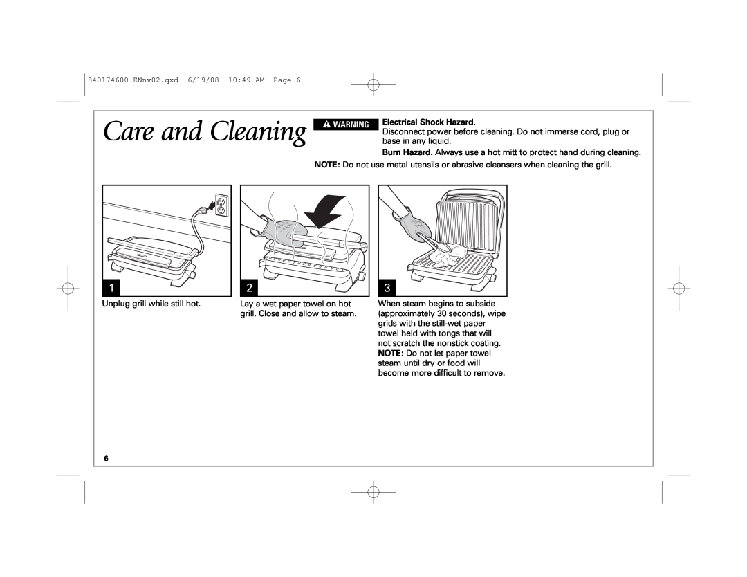 Hamilton Beach 840174600 manual Care and Cleaning, w WARNING, Electrical Shock Hazard 