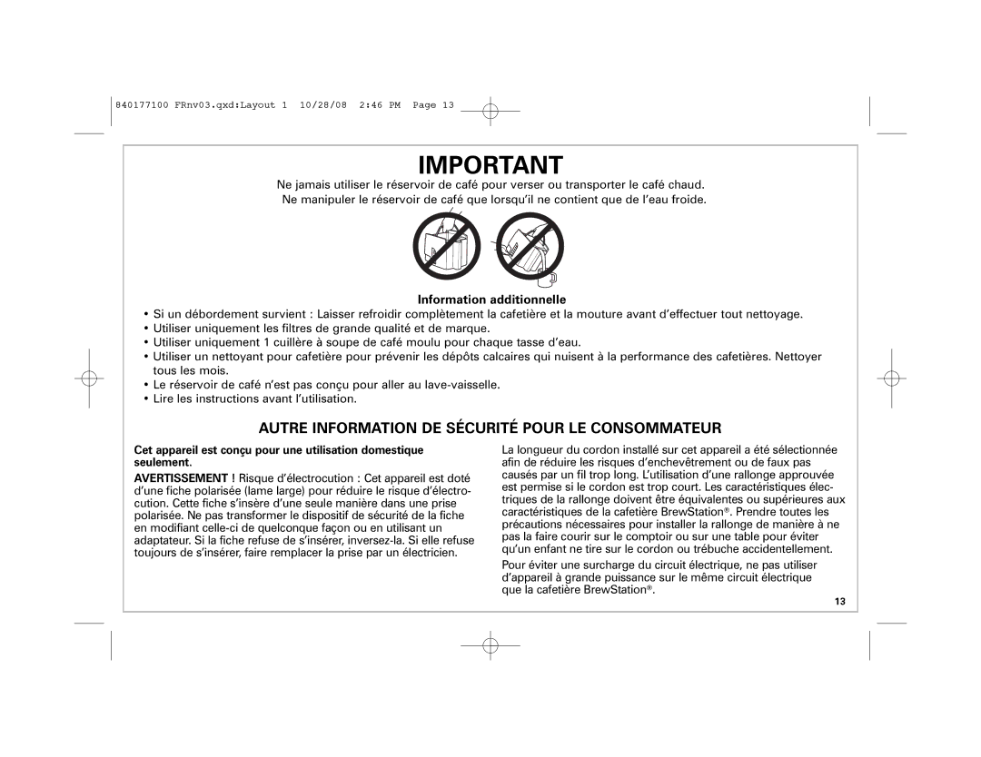 Hamilton Beach 48464, 840177100, 48465, 48463 Autre Information DE Sécurité Pour LE Consommateur, Information additionnelle 