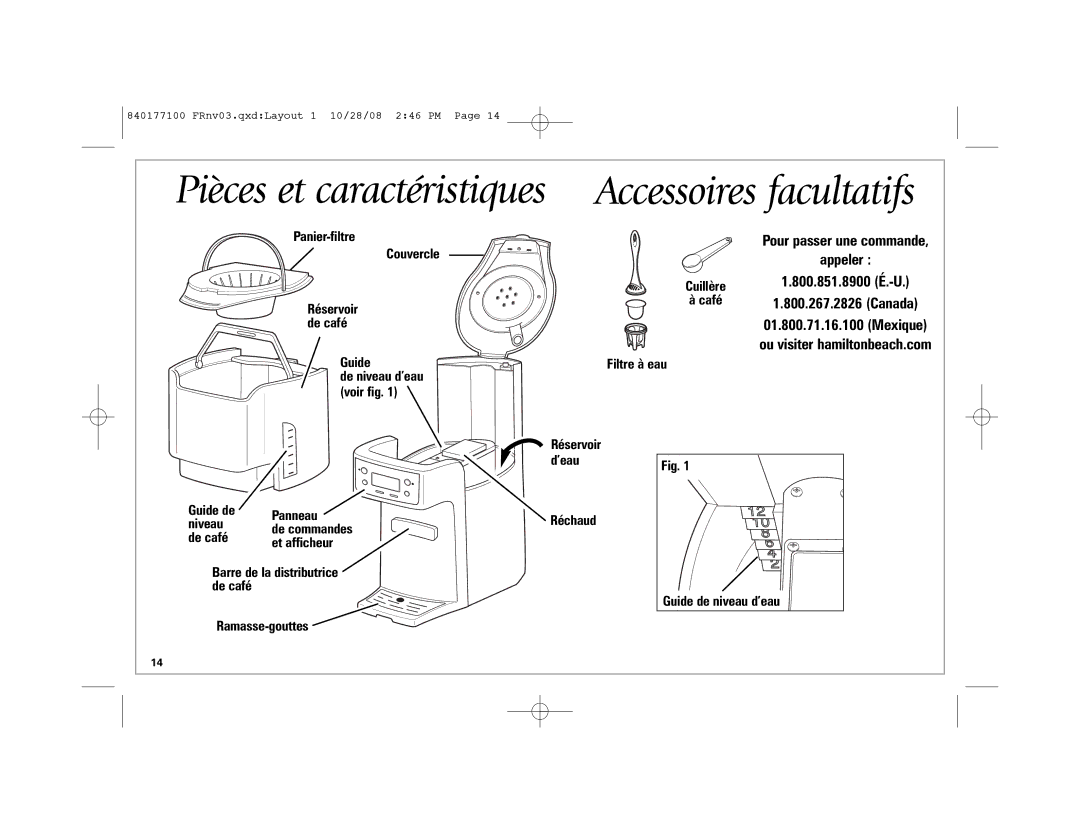 Hamilton Beach 48465, 840177100 Panier-filtre Couvercle, Réservoir, De café, Guide Filtre à eau De niveau d’eau Voir fig 