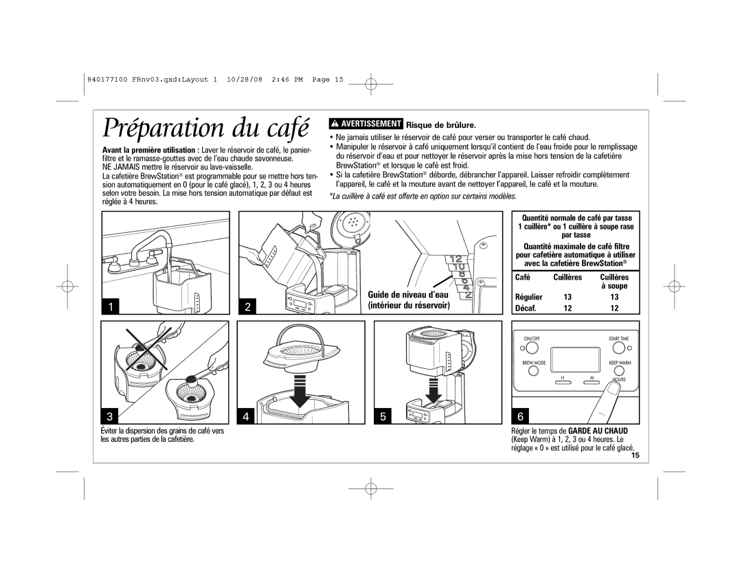 Hamilton Beach 48463, 840177100, 48464, 48465 manual BrewStation et lorsque le café est froid, Intérieur du réservoir 