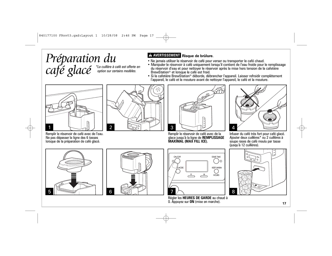Hamilton Beach 48464, 840177100, 48465, 48463 manual Préparation du, Café glacé 