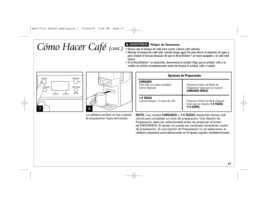 Hamilton Beach 48463, 840177100, 48464, 48465 Opciones de Preparación, Cómo Hacer Café w Advertencia Peligro de Quemarse 