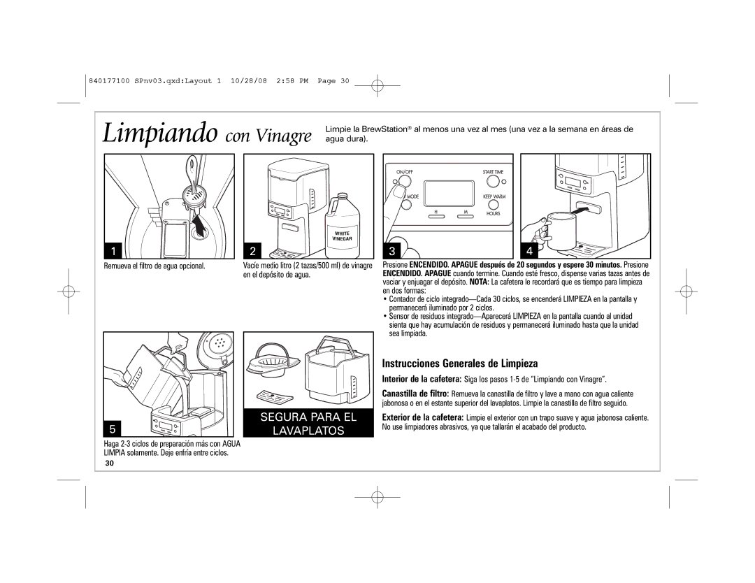 Hamilton Beach 48465, 840177100, 48464, 48463 manual Limpiando con Vinagre 