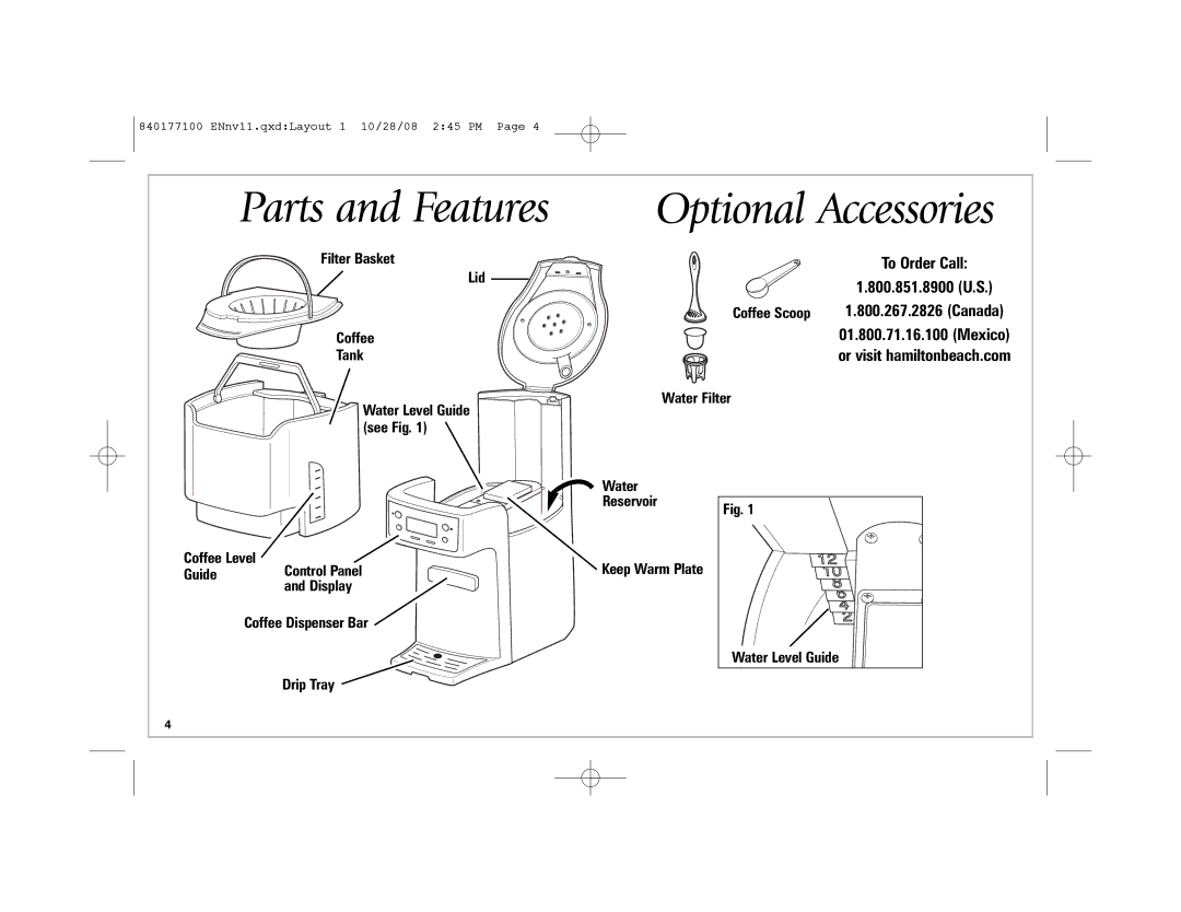 Hamilton Beach 840177100, 48464, 48465, 48463 manual Filter Basket Lid, Coffee Scoop, Tank, Water Level Guide Water Filter 