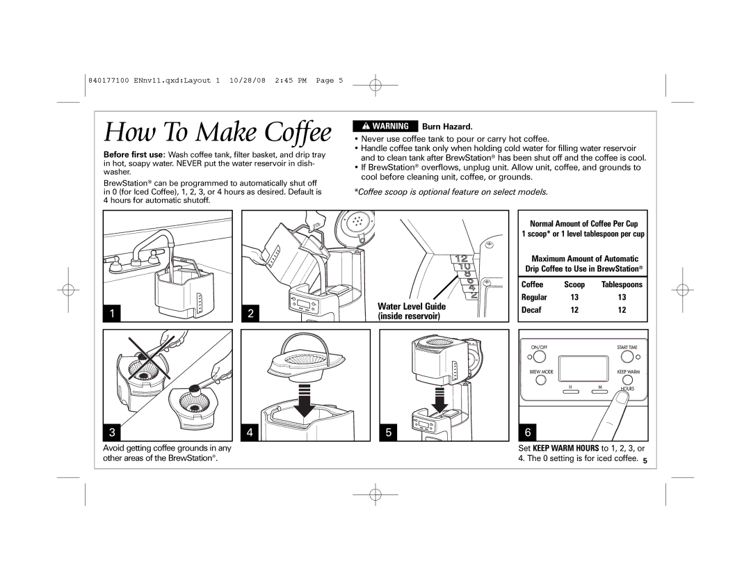 Hamilton Beach 48464, 840177100, 48465, 48463 manual How To Make Coffee, Coffee Scoop Tablespoons Regular Decaf 12 