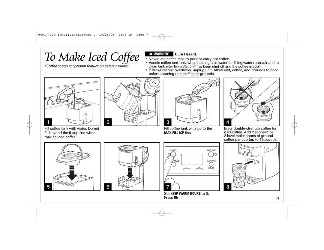 Hamilton Beach 48463, 840177100, 48464, 48465 manual MAX Fill ICE line, Set Keep Warm Hours to 0. Press on 