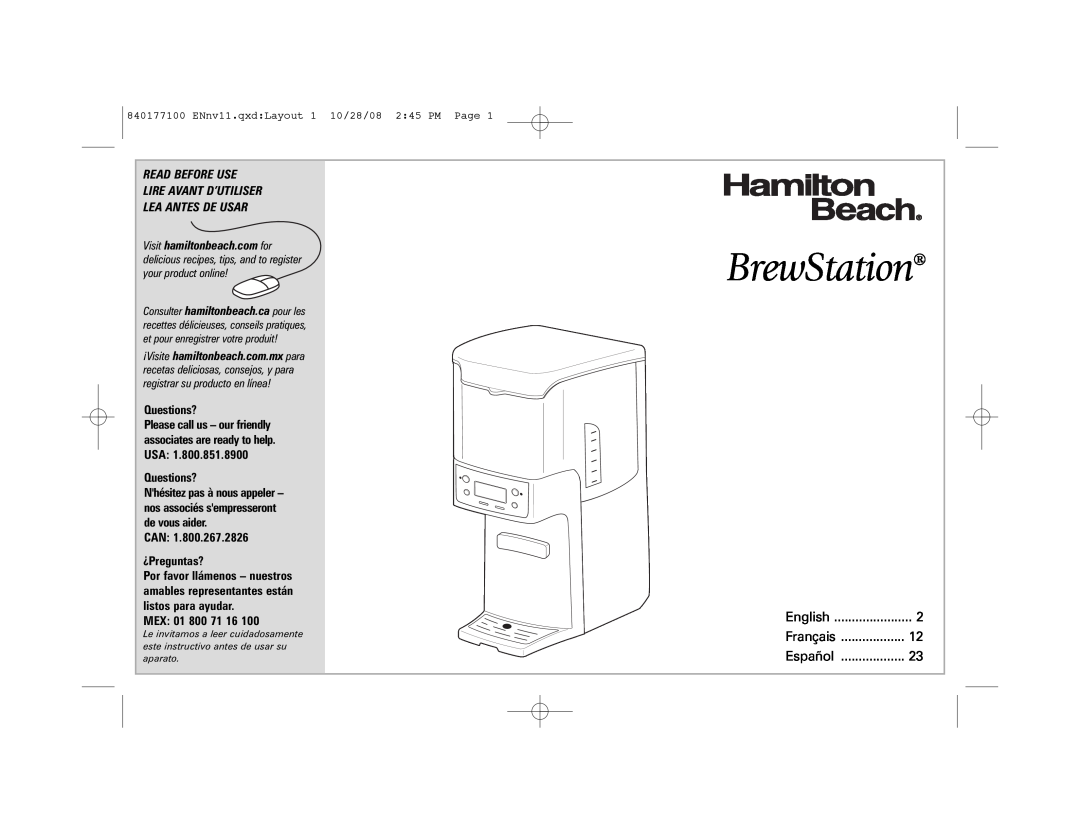 Hamilton Beach 48464, 840177100 manual BrewStation, Read Before Use Lire Avant D’Utiliser Lea Antes De Usar, Questions? 