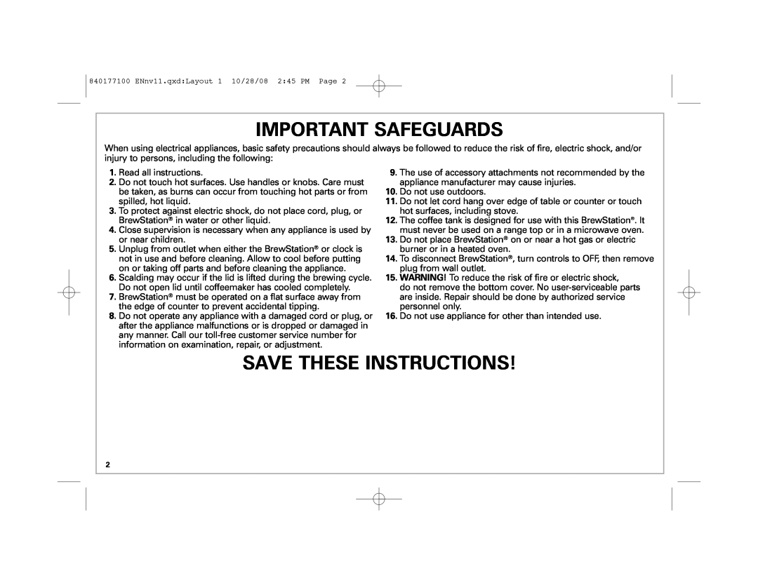 Hamilton Beach 48465, 840177100, 48464, 48463 manual Important Safeguards, Save These Instructions 