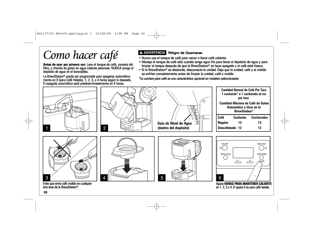 Hamilton Beach 48465 Como hacer café, w ADVERTENCIA Peligro de Quemarse, Guía de Nivel de Agua dentro del depósito, Café 