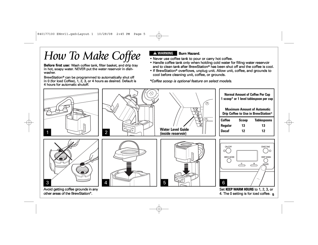 Hamilton Beach 48464 How To Make Coffee, w WARNING Burn Hazard, Coffee scoop is optional feature on select models, Regular 