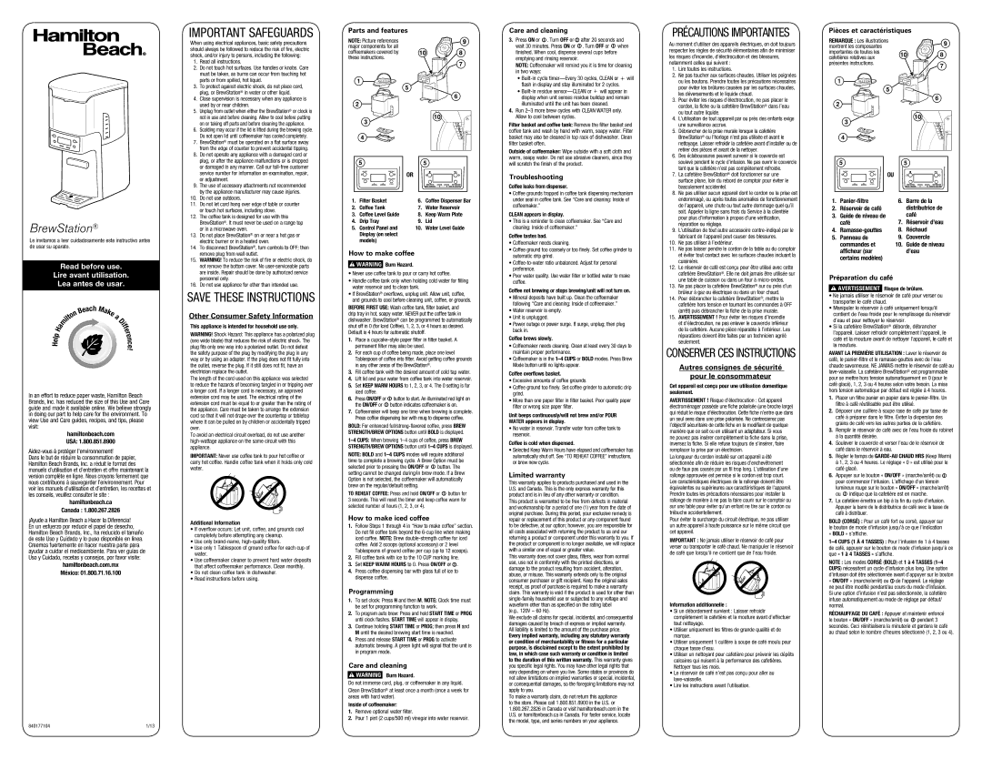 Hamilton Beach 48464, 840177104 warranty Parts and features, How to make coffee, How to make iced coffee, Programming 