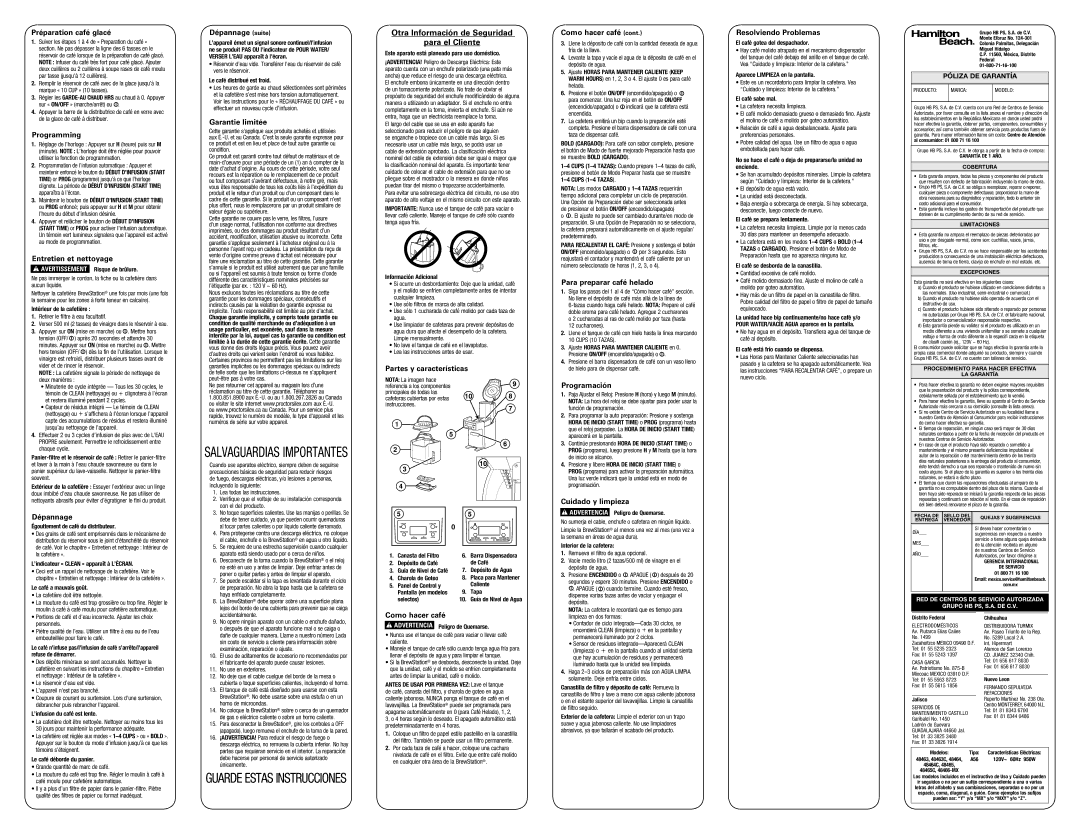 Hamilton Beach 48465 Préparation café glacé, Entretien et nettoyage, Dépannage suite, Garantie limitée, Como hacer café 