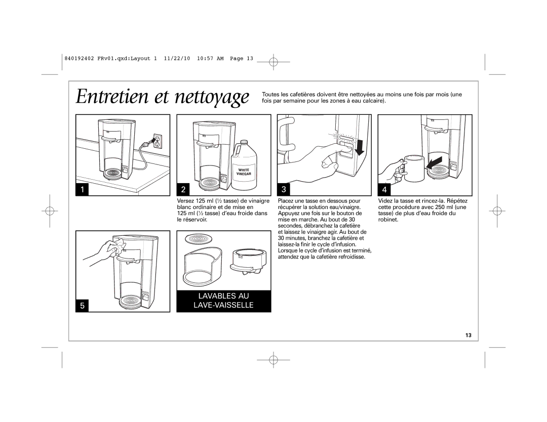 Hamilton Beach 840192402 manual Entretien et nettoyage, Lavables AU 