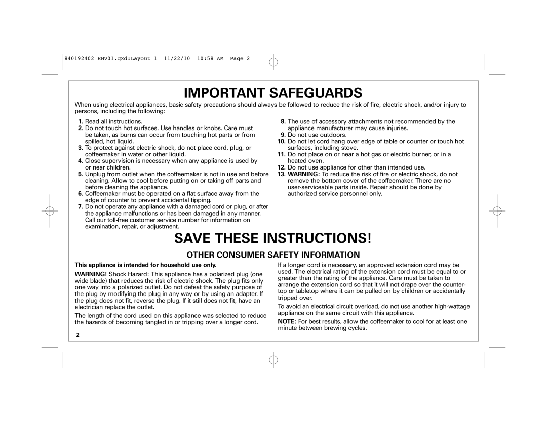 Hamilton Beach 840192402 manual Important Safeguards, This appliance is intended for household use only 