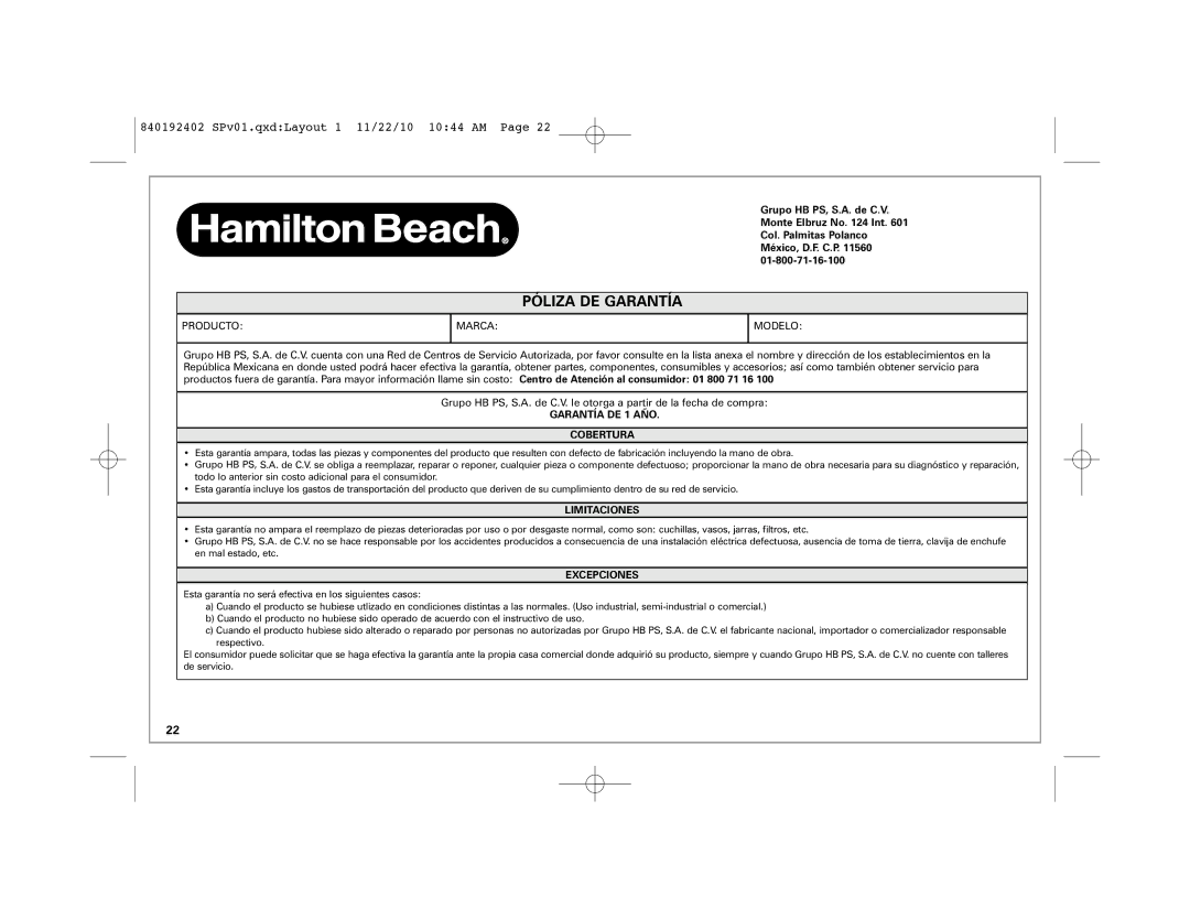 Hamilton Beach 840192402 manual Póliza DE Garantía, Marca Modelo 