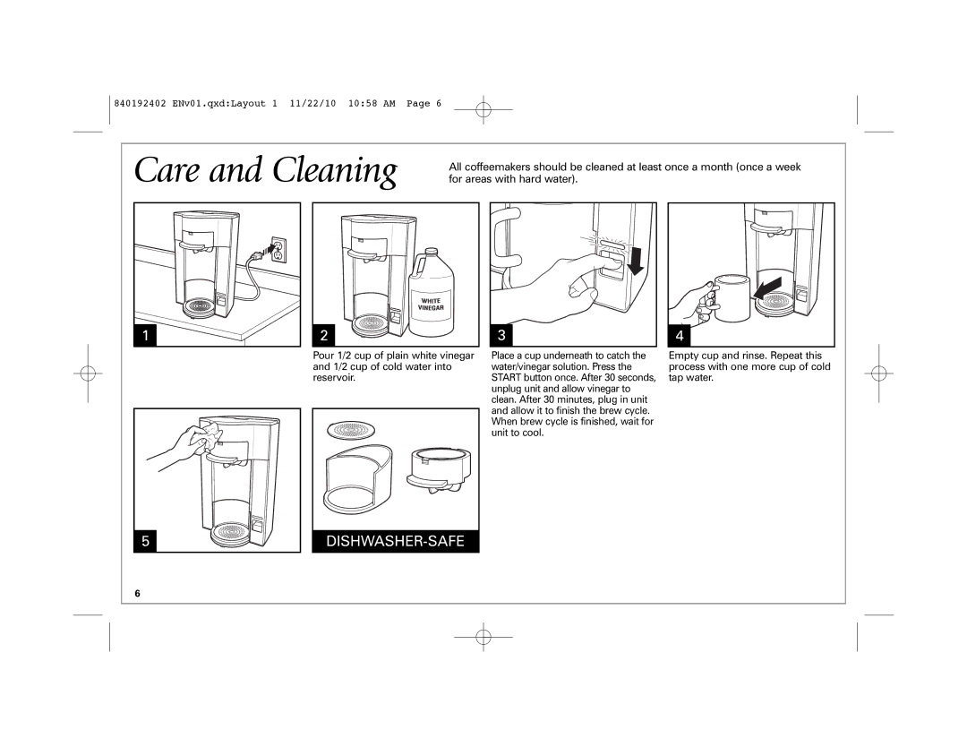 Hamilton Beach 840192402 manual Care and Cleaning, For areas with hard water 