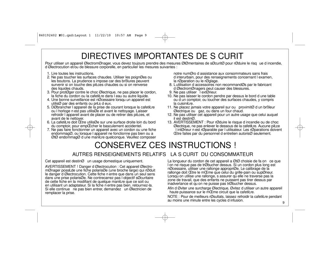 Hamilton Beach 840192402 Directives Importantes DE Sécurité, Cet appareil est destiné à un usage domestique uniquement 