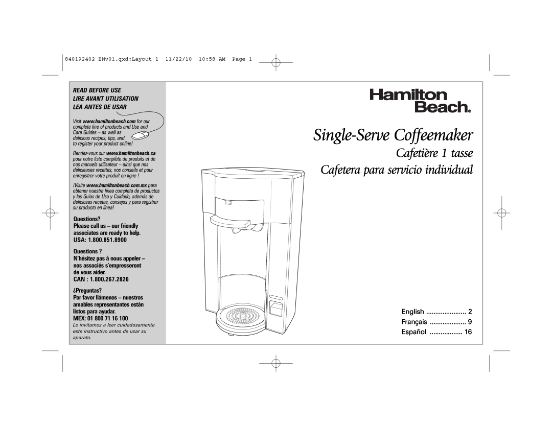 Hamilton Beach 840192402 manual Single-Serve Coffeemaker, Cafetière 1 tasse Cafetera para servicio individual 