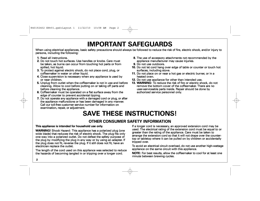 Hamilton Beach 840192402 manual Important Safeguards, Save These Instructions, Other Consumer Safety Information 