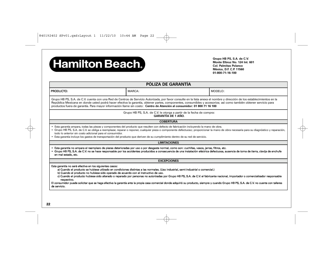 Hamilton Beach manual Póliza De Garantía, 840192402 SPv01.qxdLayout 1 11/22/10 1044 AM Page, GARANTÍA DE 1 AÑO COBERTURA 