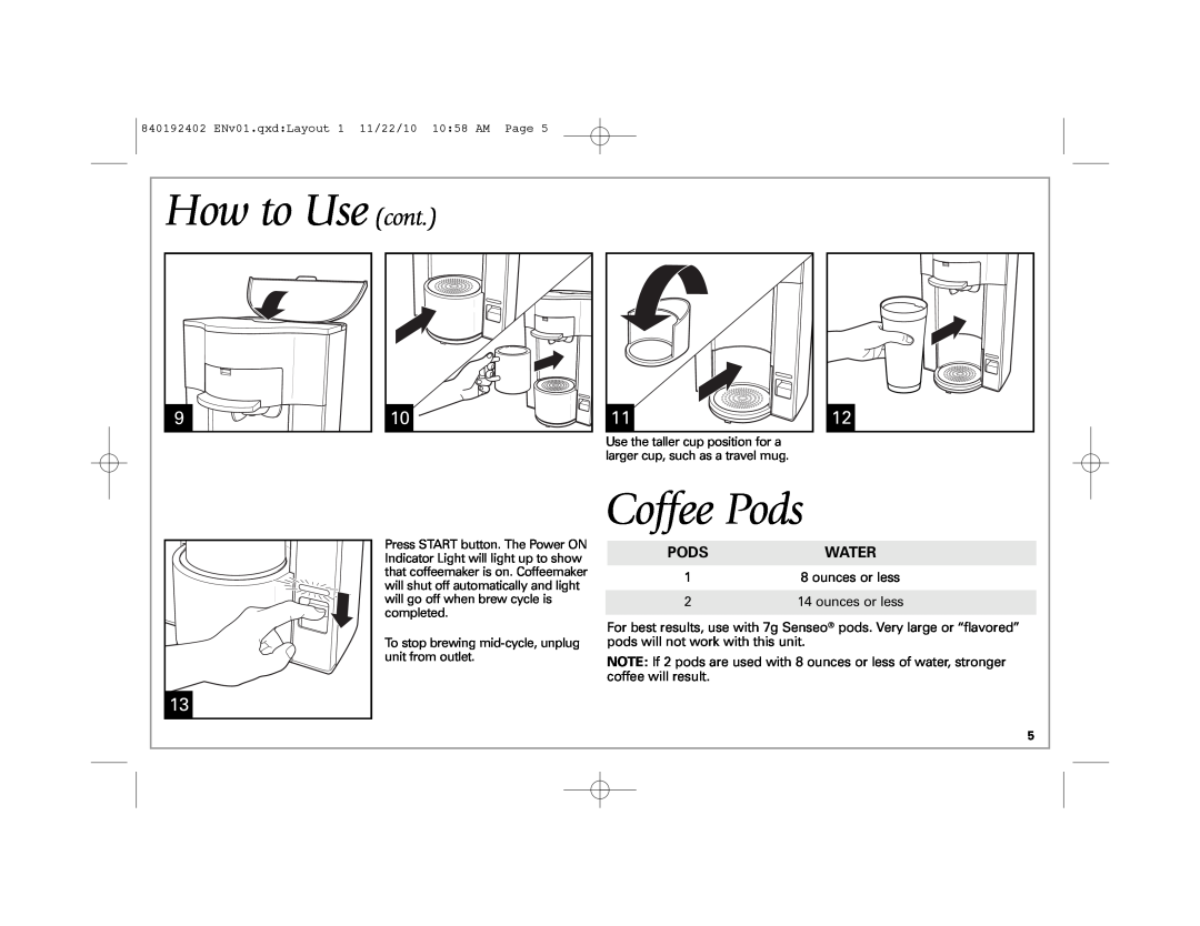 Hamilton Beach 840192402 manual How to Use cont, Coffee Pods, Water 