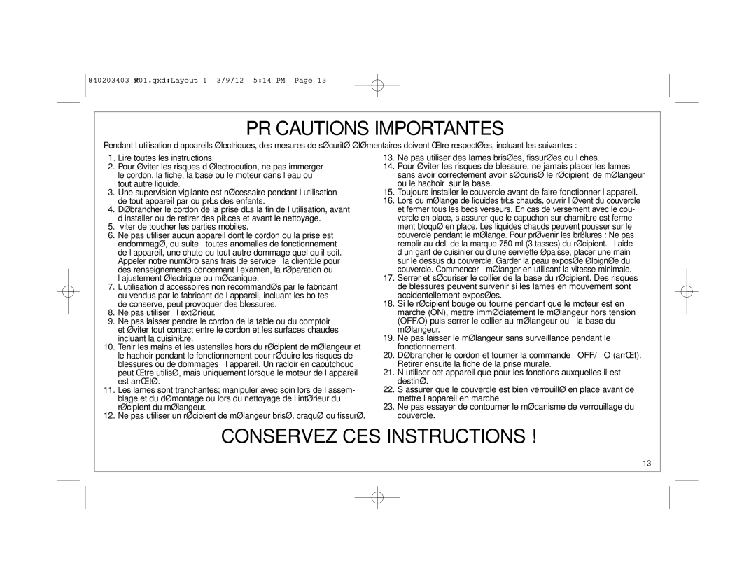 Hamilton Beach 58148, 840203403 manual Précautions Importantes 