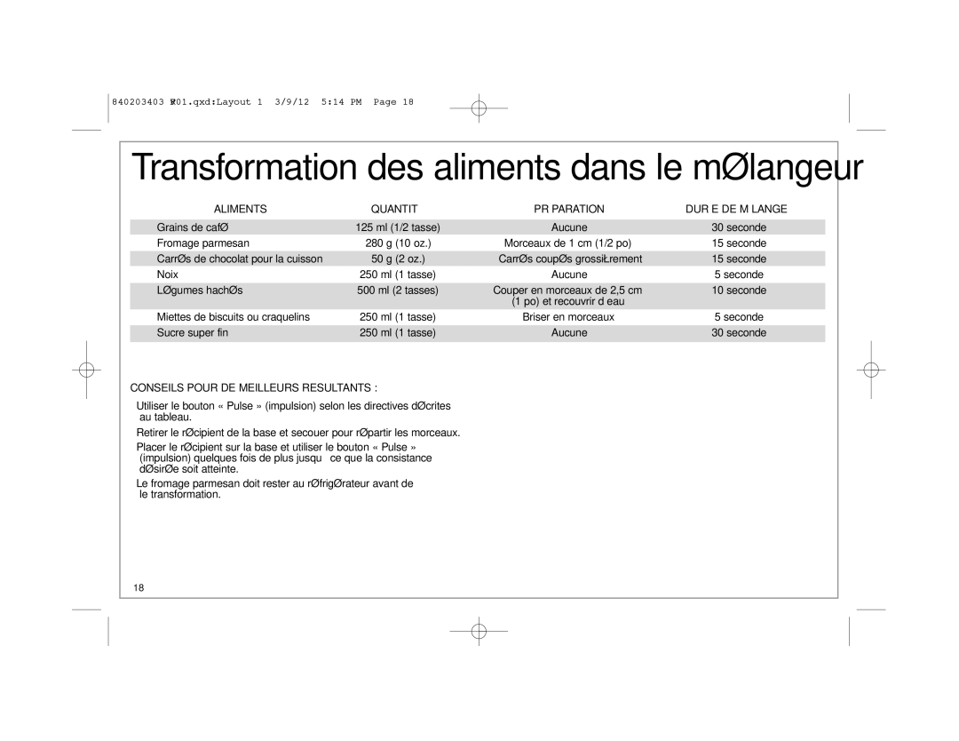 Hamilton Beach 840203403, 58148 manual Transformation des aliments dans le mélangeur, Aliments Quantité, Durée DE Mélange 