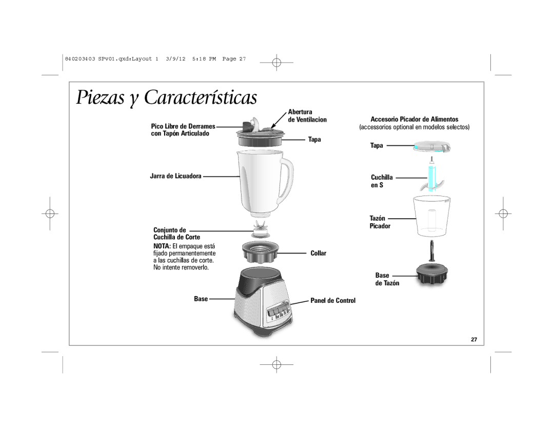 Hamilton Beach 58148, 840203403 manual Piezas, Jarra de Licuadora Conjunto de Cuchilla de Corte 