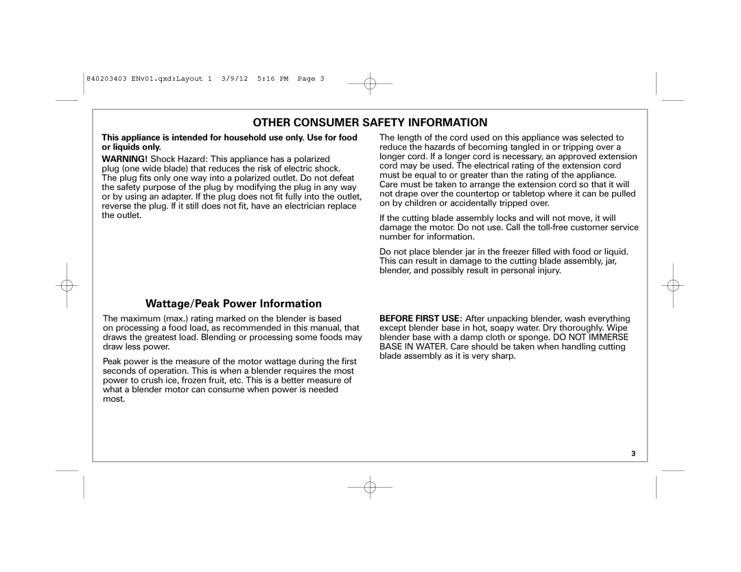 Hamilton Beach 58148, 840203403 manual Other Consumer Safety Information 