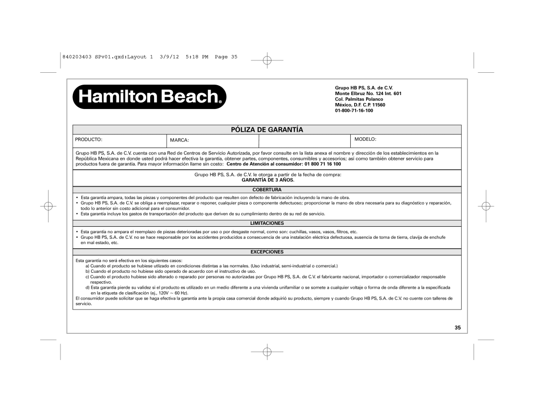 Hamilton Beach 58148, 840203403 manual Póliza DE Garantía 