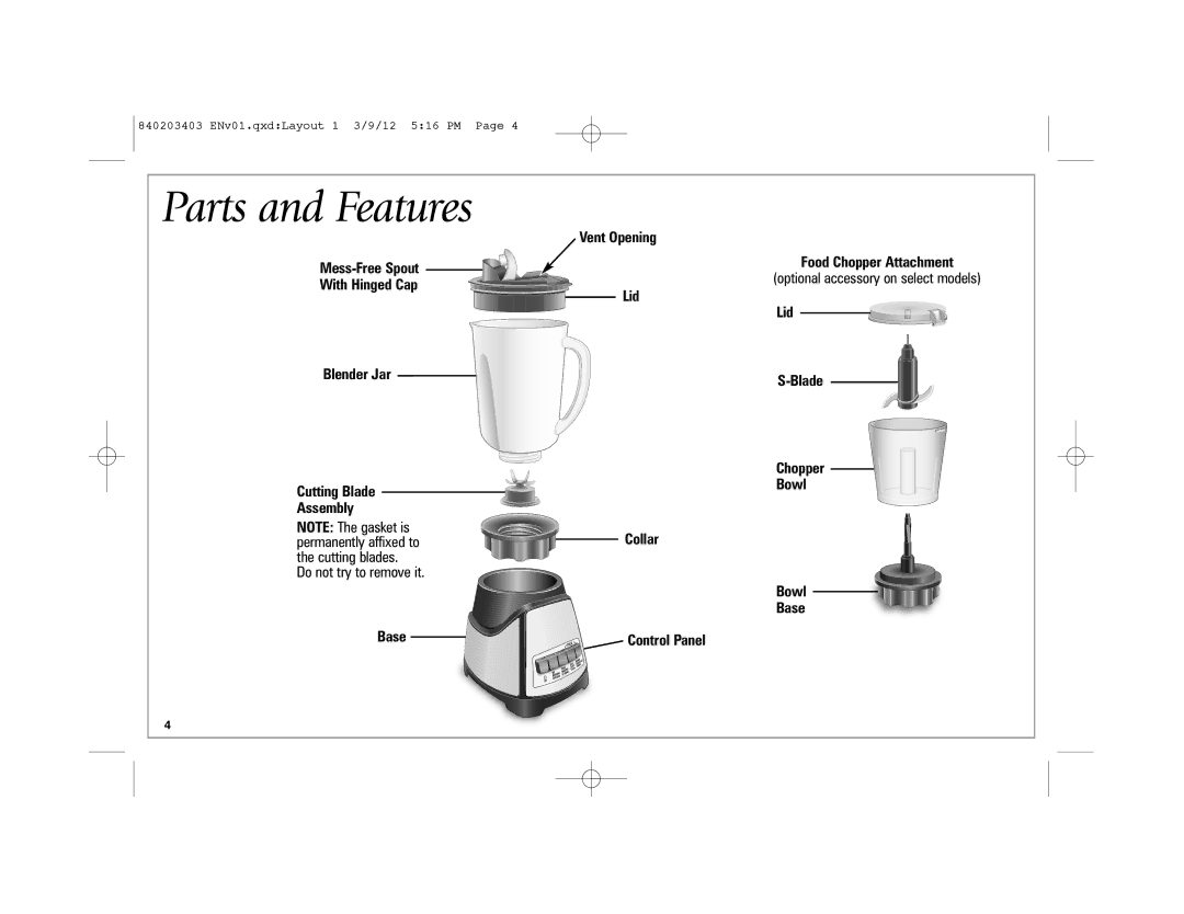 Hamilton Beach 840203403, 58148 manual Parts and Features 